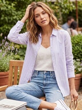LOFT Light Purple Linen-Blend Button-Up Shirt